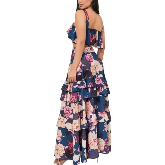 Women's Floral 2 Piece Outfit Crop Top & Maxi Skirt Summer Beach Vacation